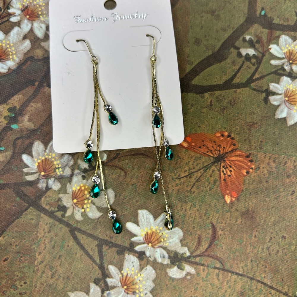 Green and Gold Dangle Earrings with Cascading Beads